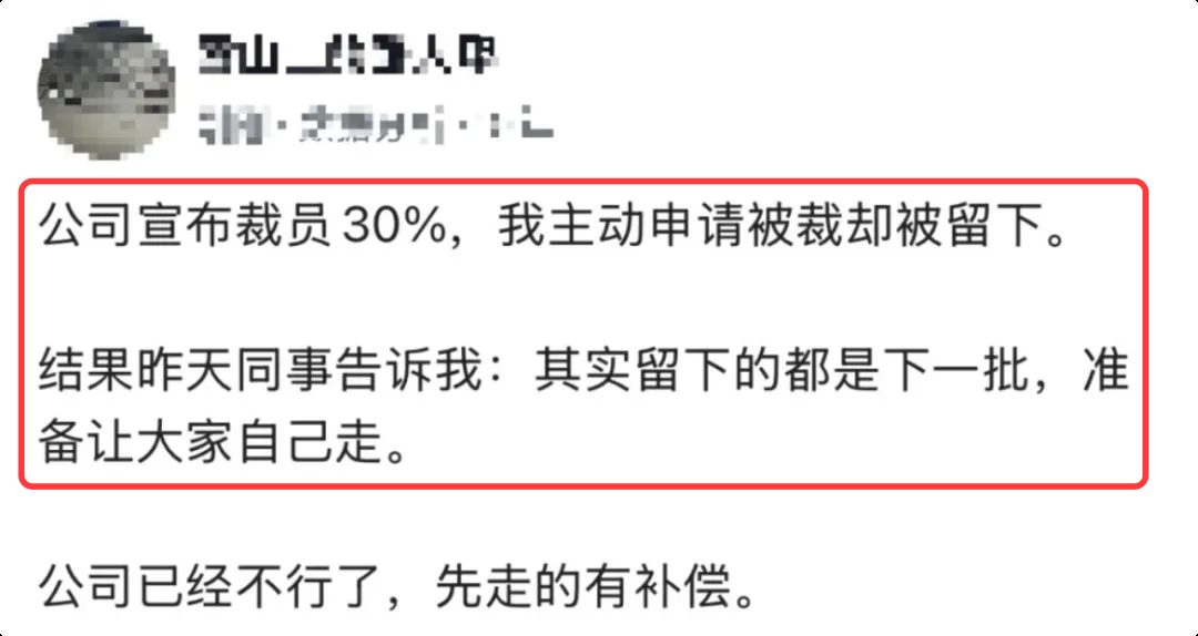 公司宣布裁员 30%，我主动申请被裁却被留下，结果同事告诉我：公司已经不行了，准备让大家自离，先走的有补偿